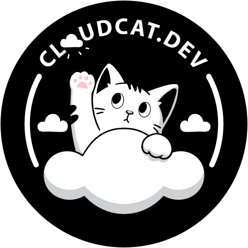 CloudCat Logo, cat on a cloud reaching for another cloud.